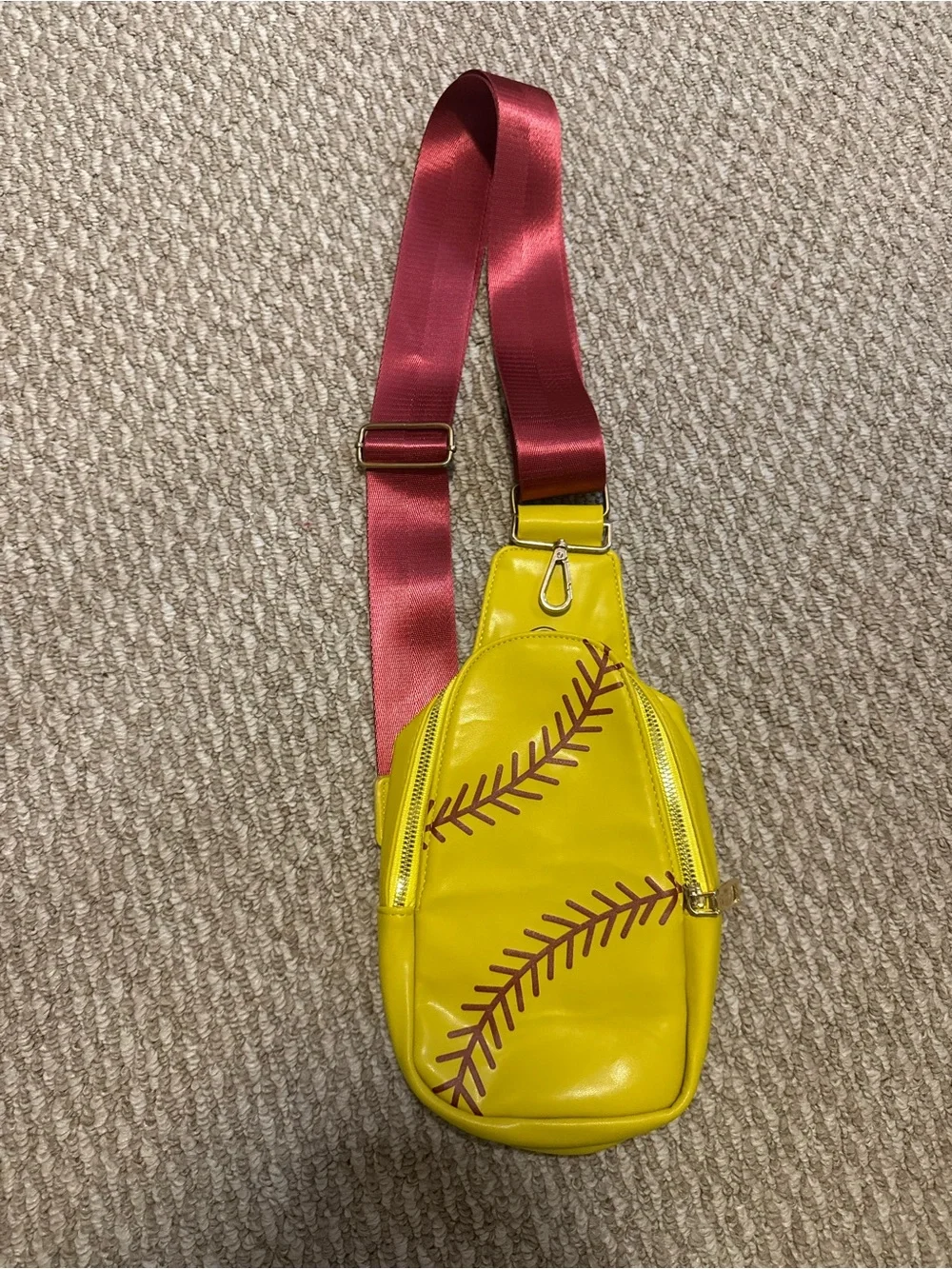 Yellow Softball Stitch Crossbody Sling Bag with Red Strap